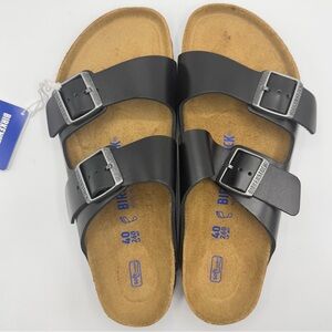 NEW NIB Birkenstock Arizona Black Leather Silver-tone Buckle Soft Footbed Sandal